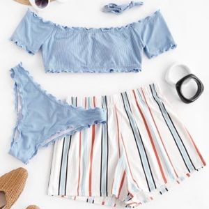 ZAFUL Lettuce trim |Off Shoulder| 3 piece Swimsuit